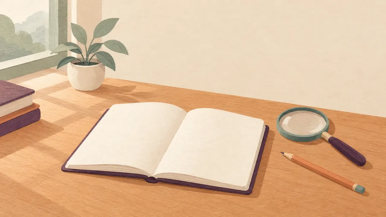 An open blank notebook, a magnifying glass and a sharpened pencil on a wooden desk by a window.