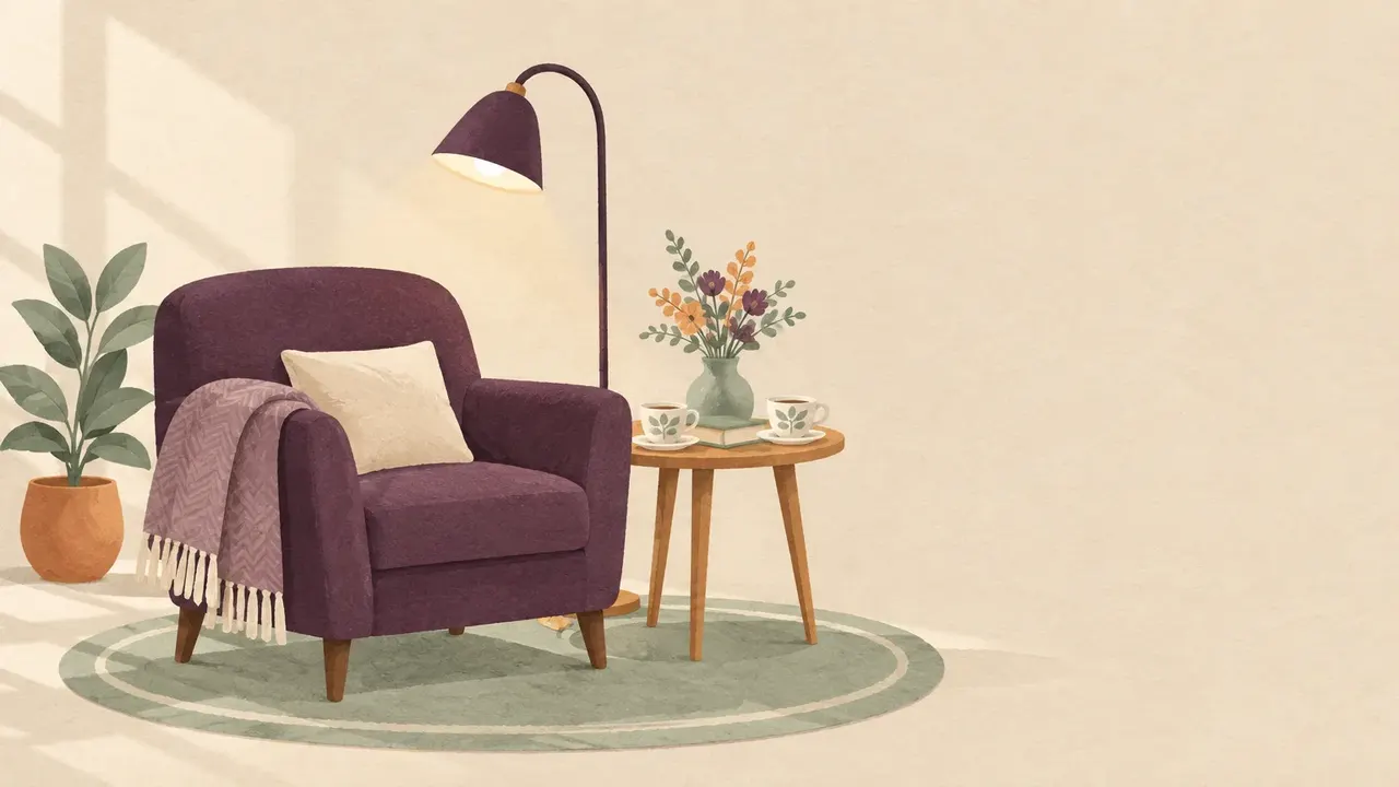 An armchair with a folded blanket over its arm, a lit reading lamp beside it, and a second teacup waiting on the side table.