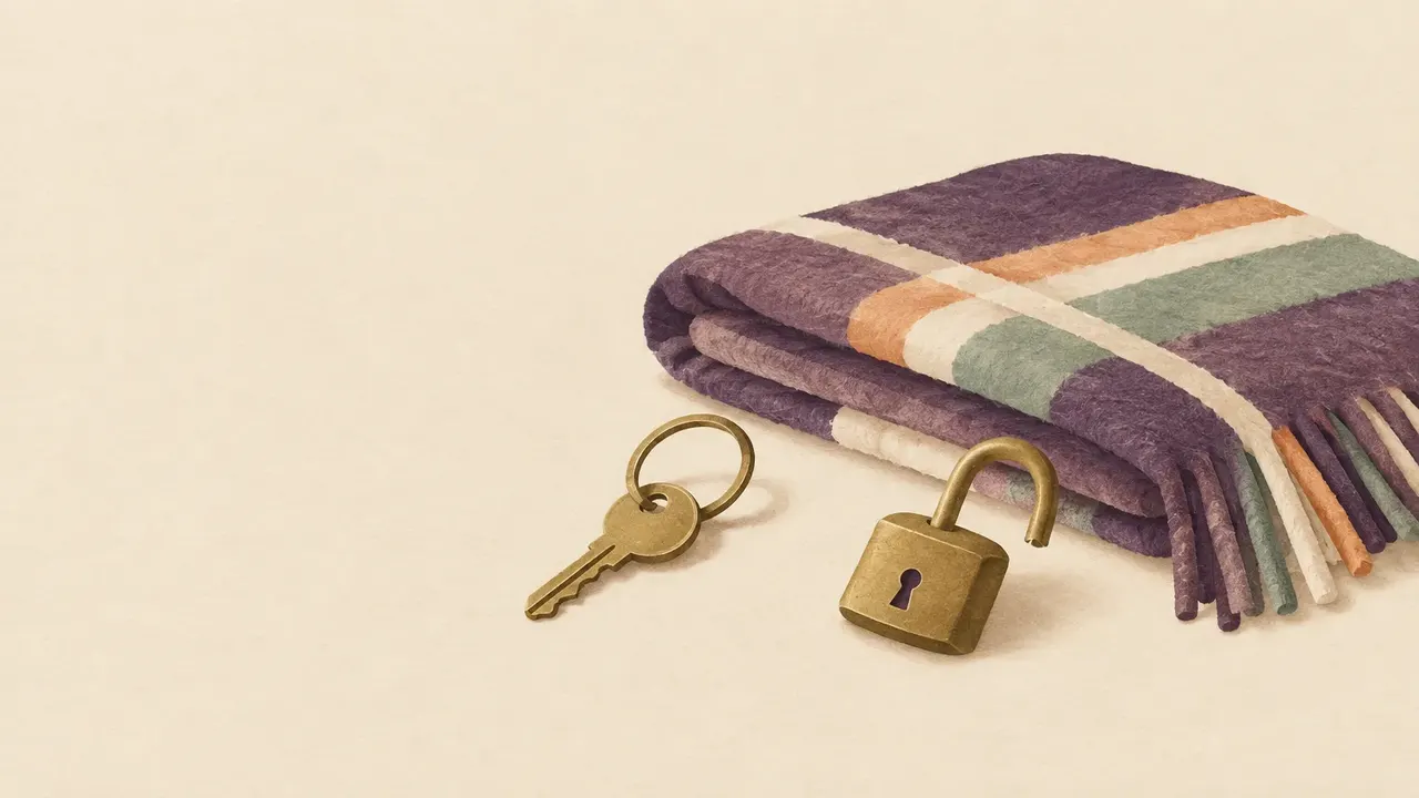 A house key on a plain ring resting on a folded wool blanket beside a small brass padlock left open.