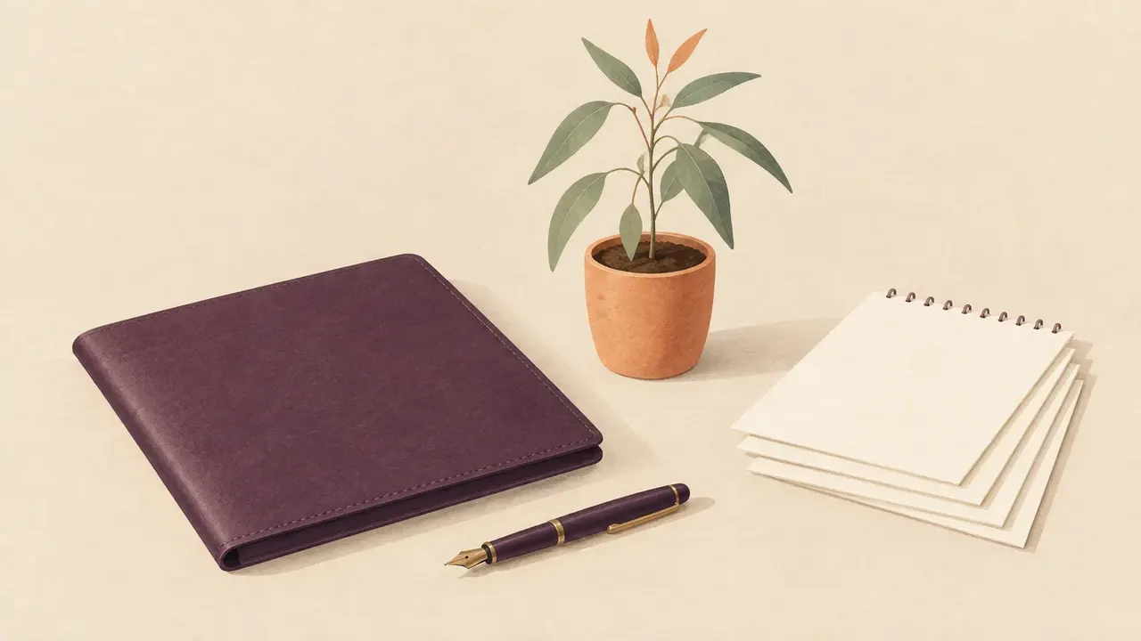 A closed plain leather document folder with no markings, a fountain pen, a small potted gum-tree seedling and a stack of four blank calendar pages.