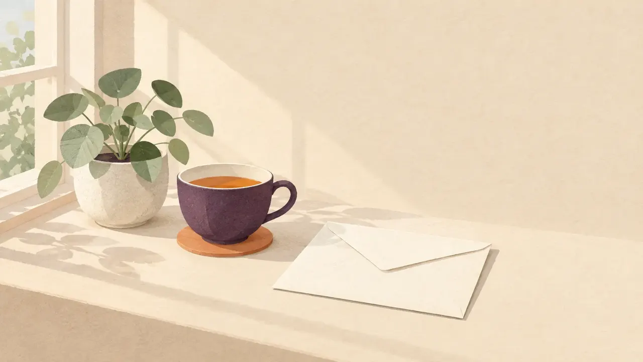 A blank envelope beside a cup of tea and a small potted plant on a sunny windowsill.