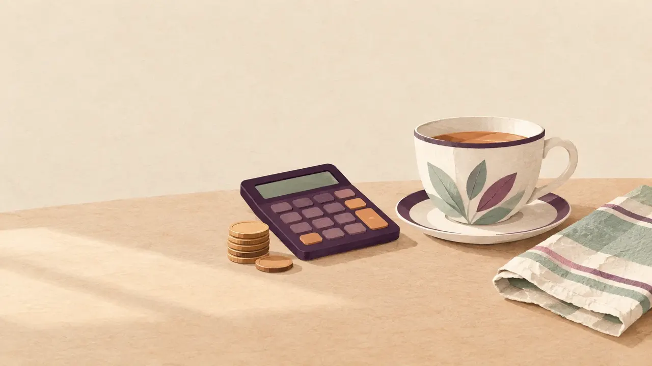 A small stack of coins, a desk calculator and a teacup on a kitchen table beside a folded tea towel.