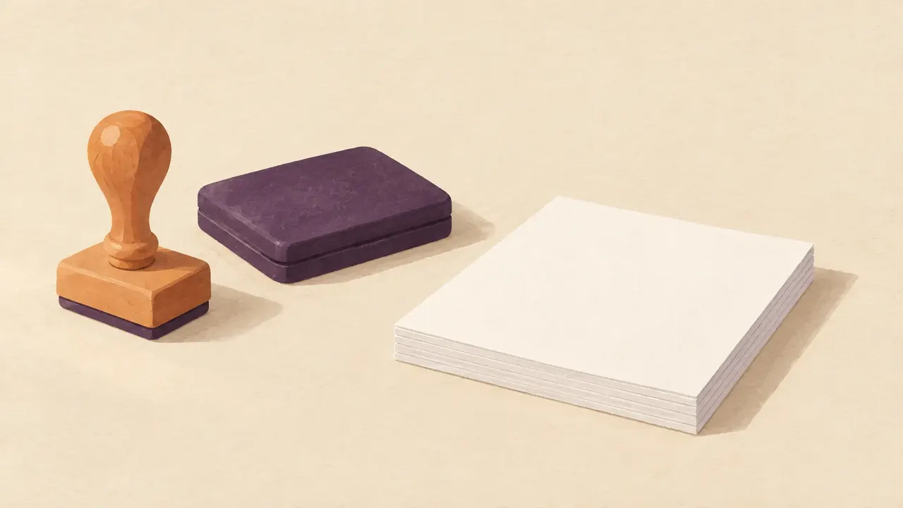 A wooden-handled rubber stamp, a closed ink pad and a squared stack of blank white paper on a desk.