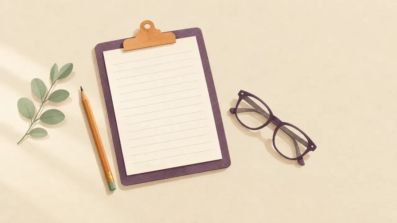 A clipboard holding blank lined paper, a sharpened pencil and a folded pair of reading glasses.