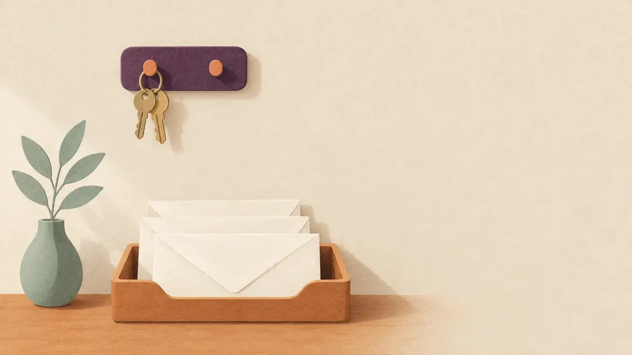 A wall-mounted key hook holding two plain keys above a small wooden letter tray with three sealed blank envelopes.