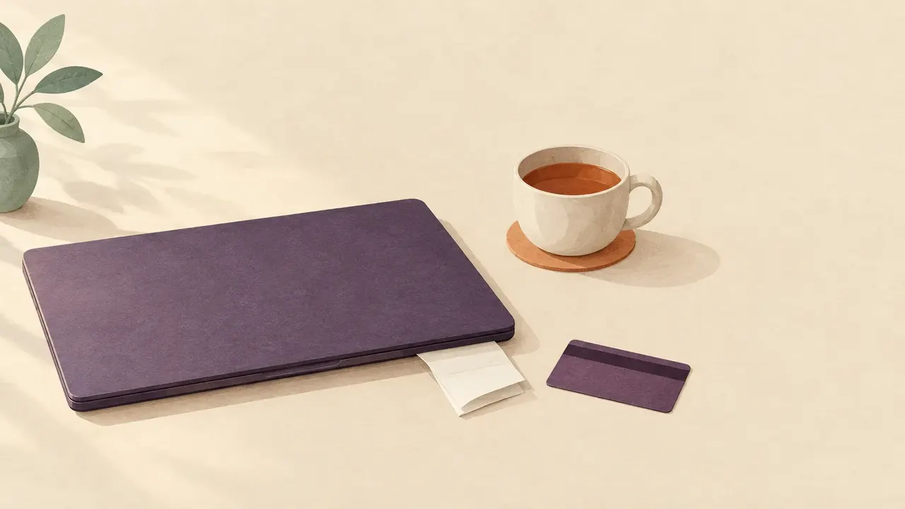 A closed laptop on a desk with a folded blank receipt under its corner, a bank card lying face-down and a cup of tea.