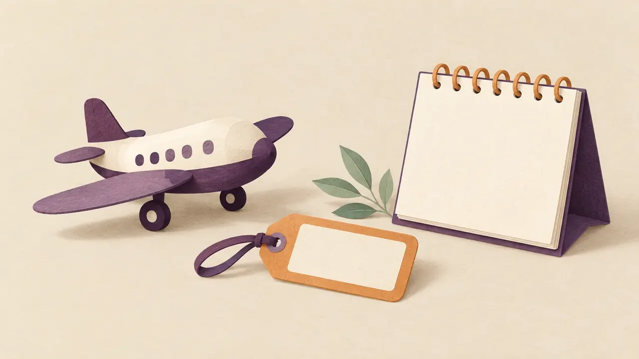 A small model aeroplane, a luggage tag with a blank label and a desk calendar with blank pages.