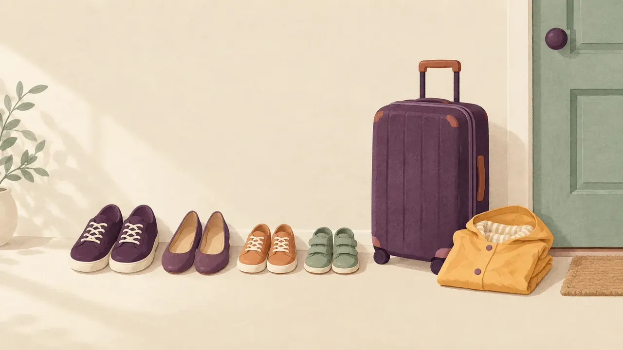 Four pairs of shoes of different sizes lined up beside a front door, next to a packed suitcase and a folded child's raincoat.