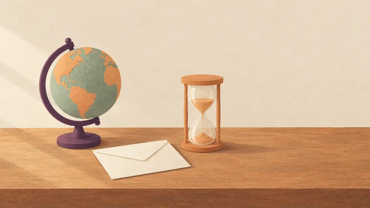 A small desk globe, a plain sealed envelope and an hourglass on a wooden desk.