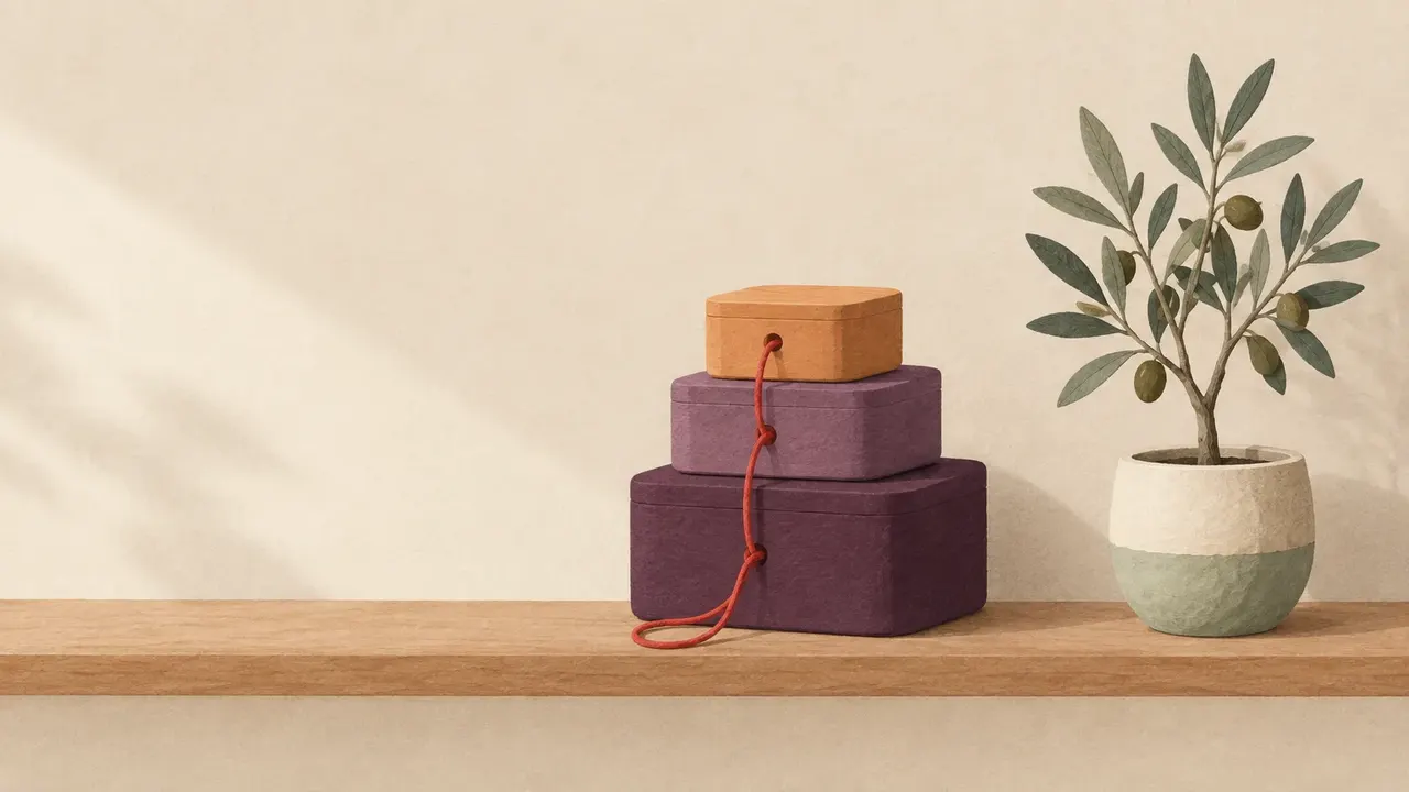 Three nested wooden boxes of decreasing size on a shelf, joined by a loop of red string, beside a small potted olive tree.
