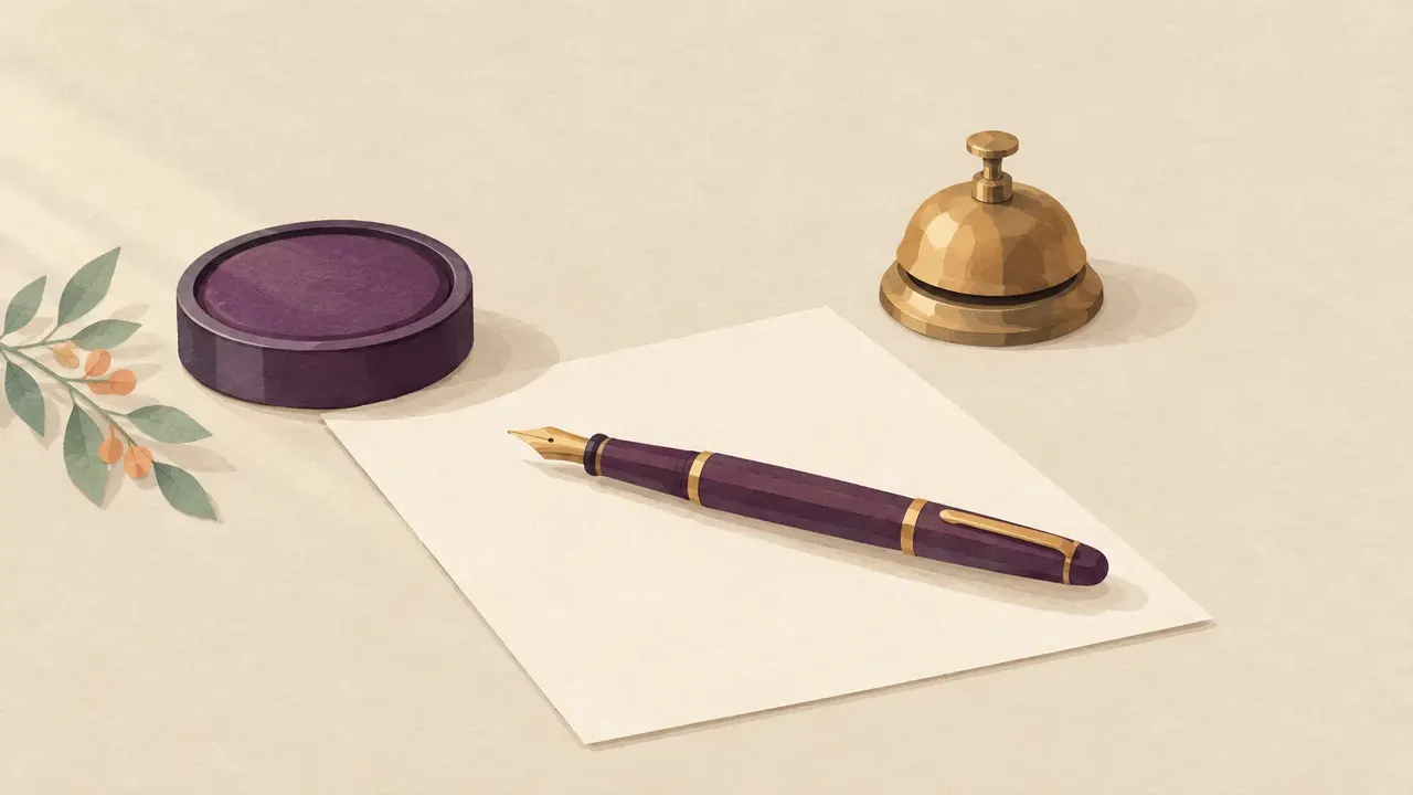 A fountain pen lying across a blank sheet of paper beside a round ink stamp pad and a small brass desk bell.