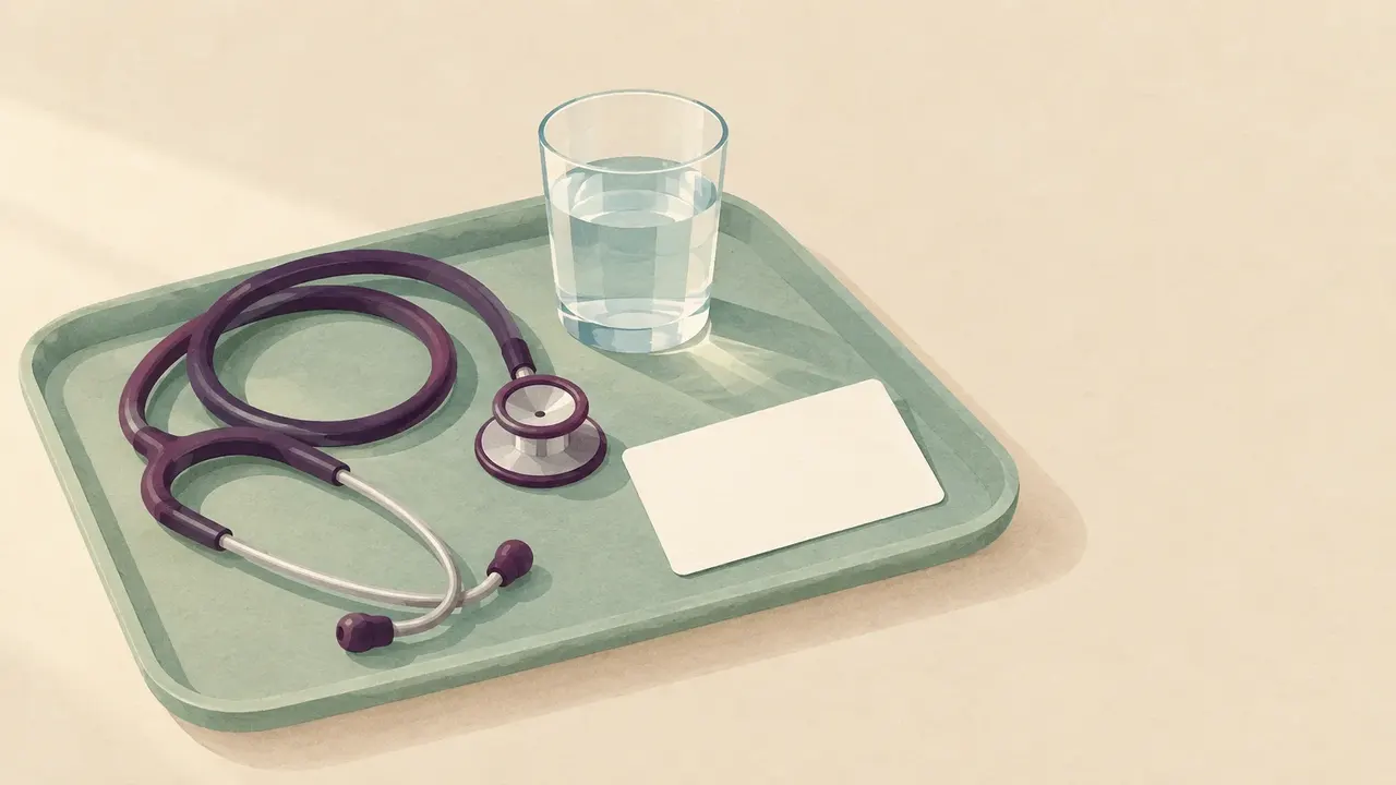 A coiled stethoscope, a glass of water and a blank appointment card on a clinic tray.
