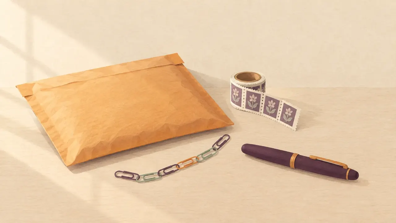 A padded envelope on a kitchen table beside a roll of postage stamps, a chain of paperclips and a closed fountain pen in morning light.