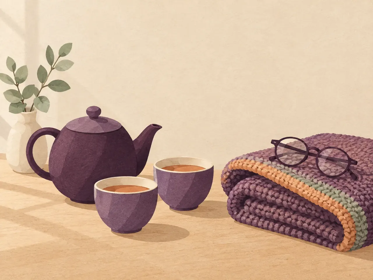 A teapot and two cups on a kitchen table, a folded knitted blanket beside them, with reading glasses resting on the blanket.