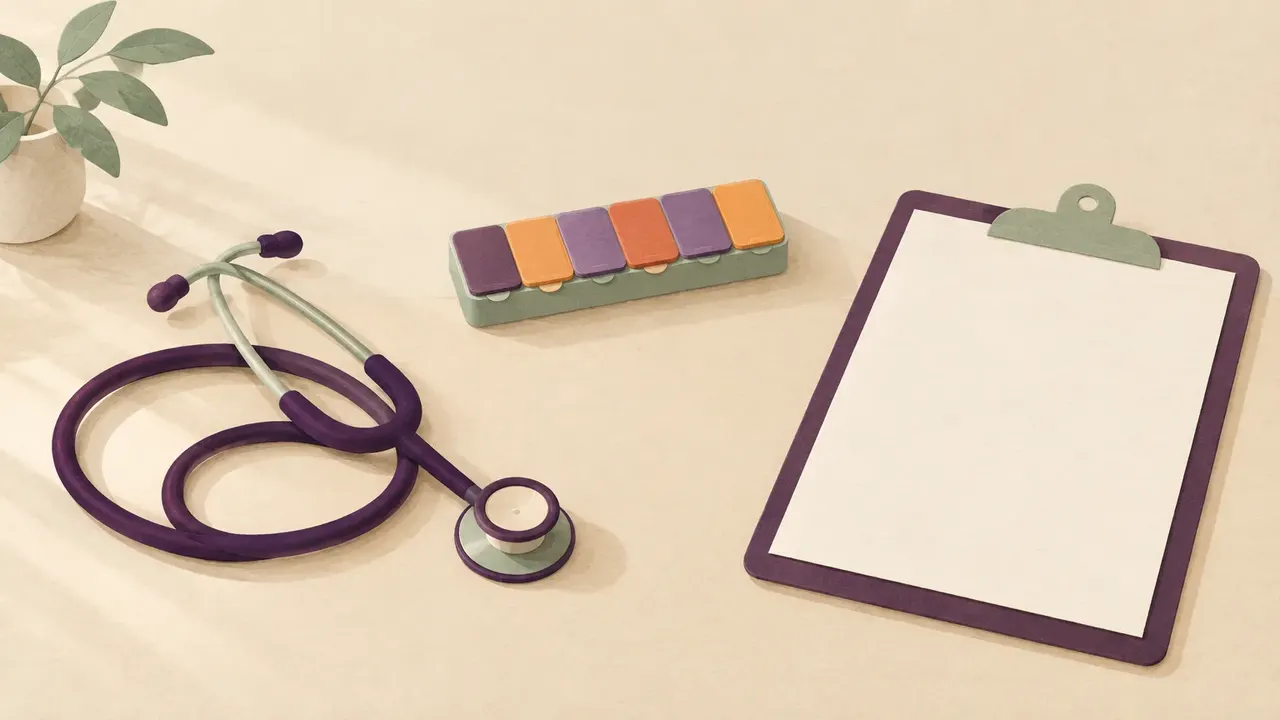 A coiled stethoscope, a weekly pill organiser and a clipboard of blank paper on a kitchen table.