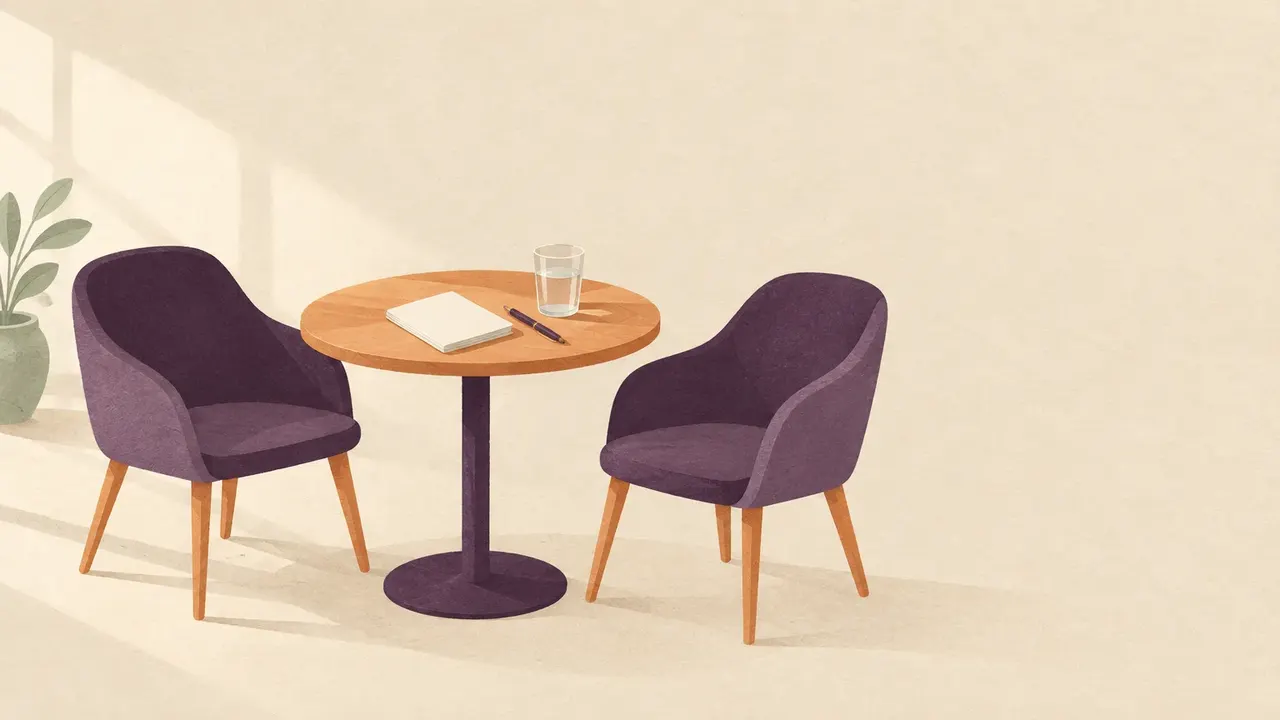 Two empty chairs at a small round table with a blank notepad, a pen and a glass of water.