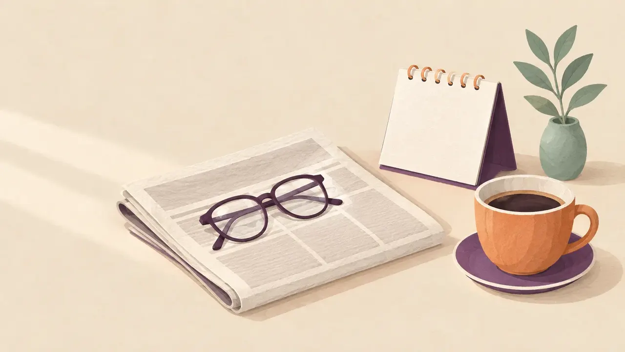 A folded newspaper with blank columns under a pair of reading glasses, beside a tear-off desk calendar and a cup of coffee.