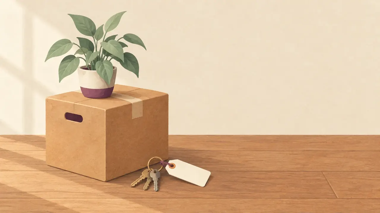 A cardboard moving box with a potted plant on top, a ring of house keys and a blank luggage tag on a wooden floor.