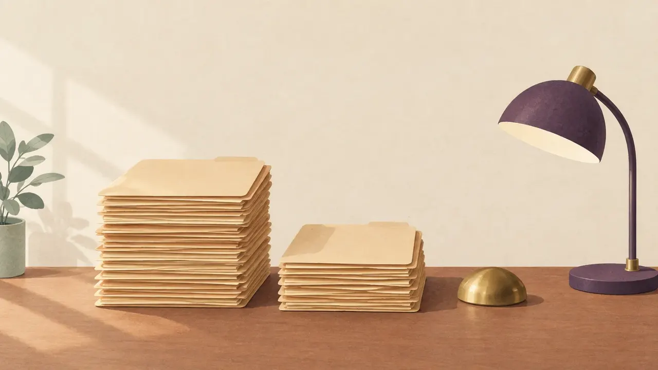 Two stacks of plain manila folders on a desk, one taller than the other, with a brass paperweight and a desk lamp.