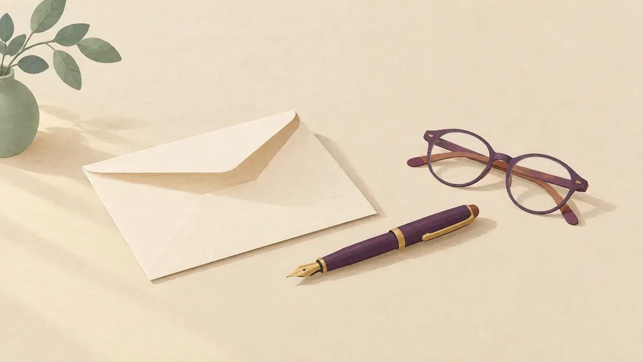 An unsealed plain envelope beside a fountain pen and a pair of folded spectacles on a writing desk.