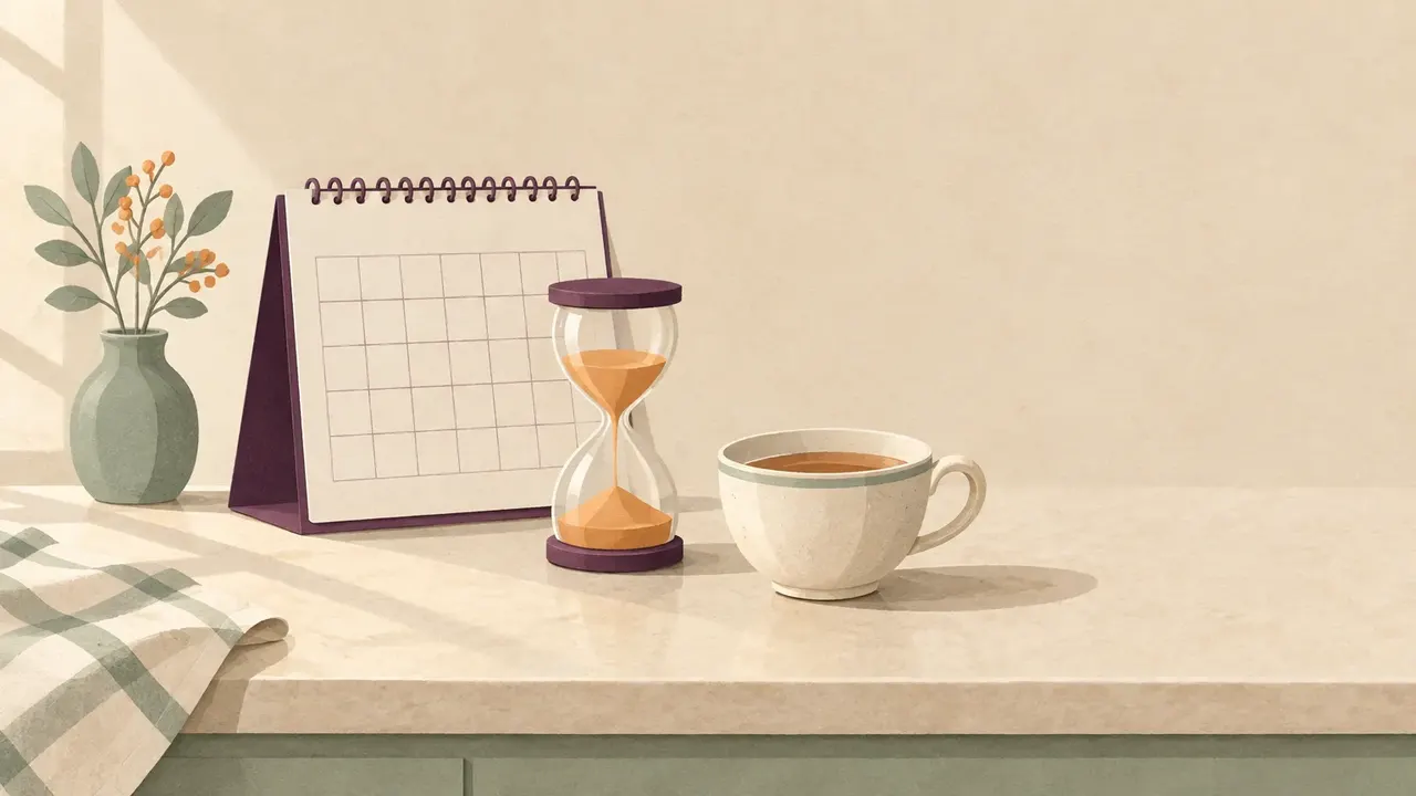 A wall calendar with blank squares, an hourglass half run through and a cup of tea going cold on a kitchen bench.