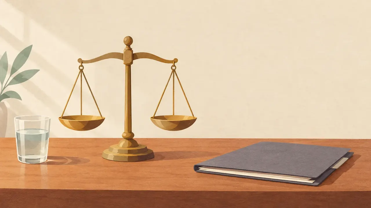 A set of brass balance scales on a wooden table beside a closed grey folder and a glass of water.