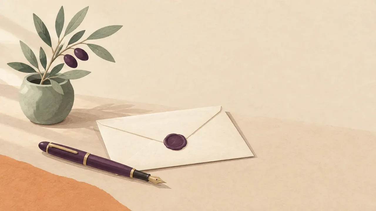 A blank envelope closed with a plain wax seal, a fountain pen and a small potted olive sprig on a writing desk.
