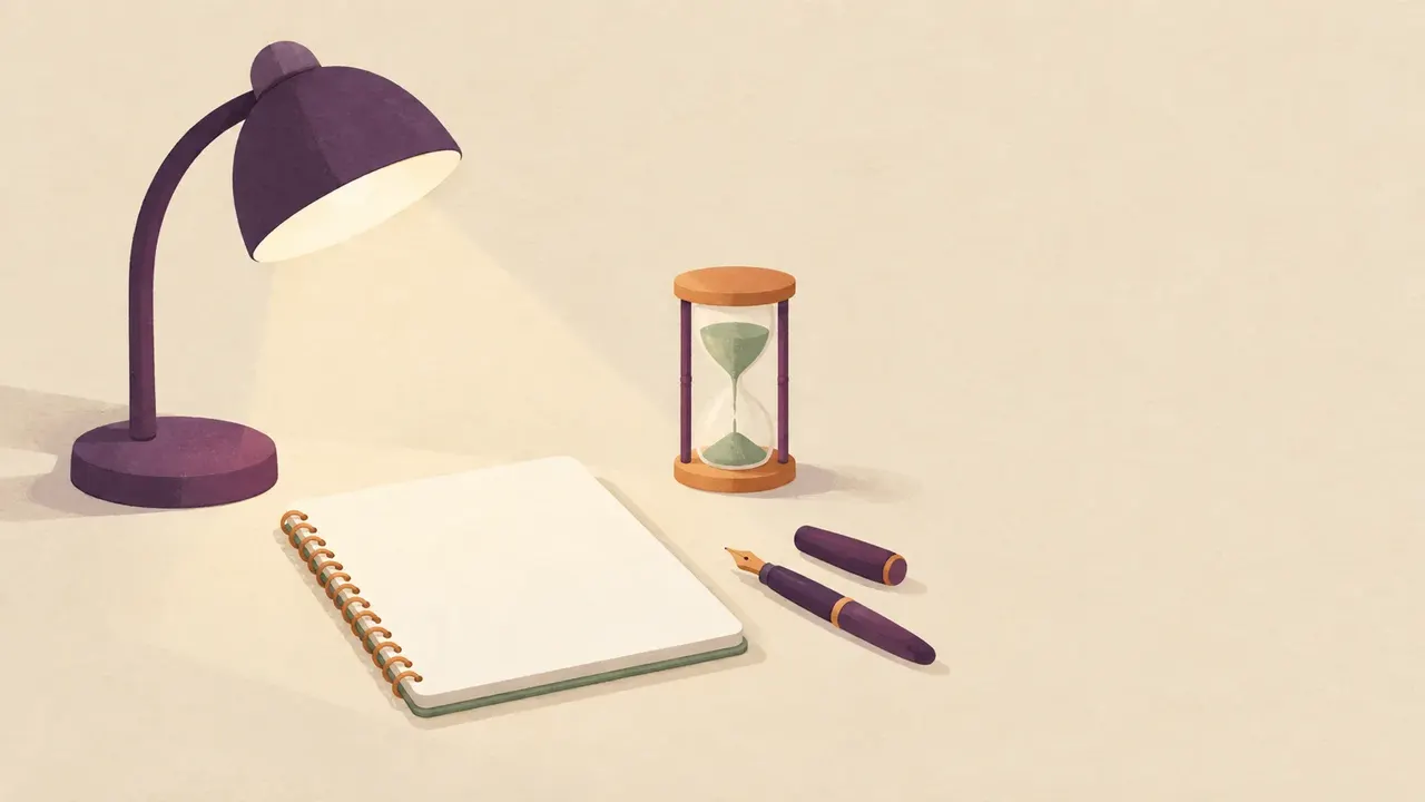 A desk lamp lighting a blank notepad, an uncapped pen and a small hourglass with most of its sand still at the top.