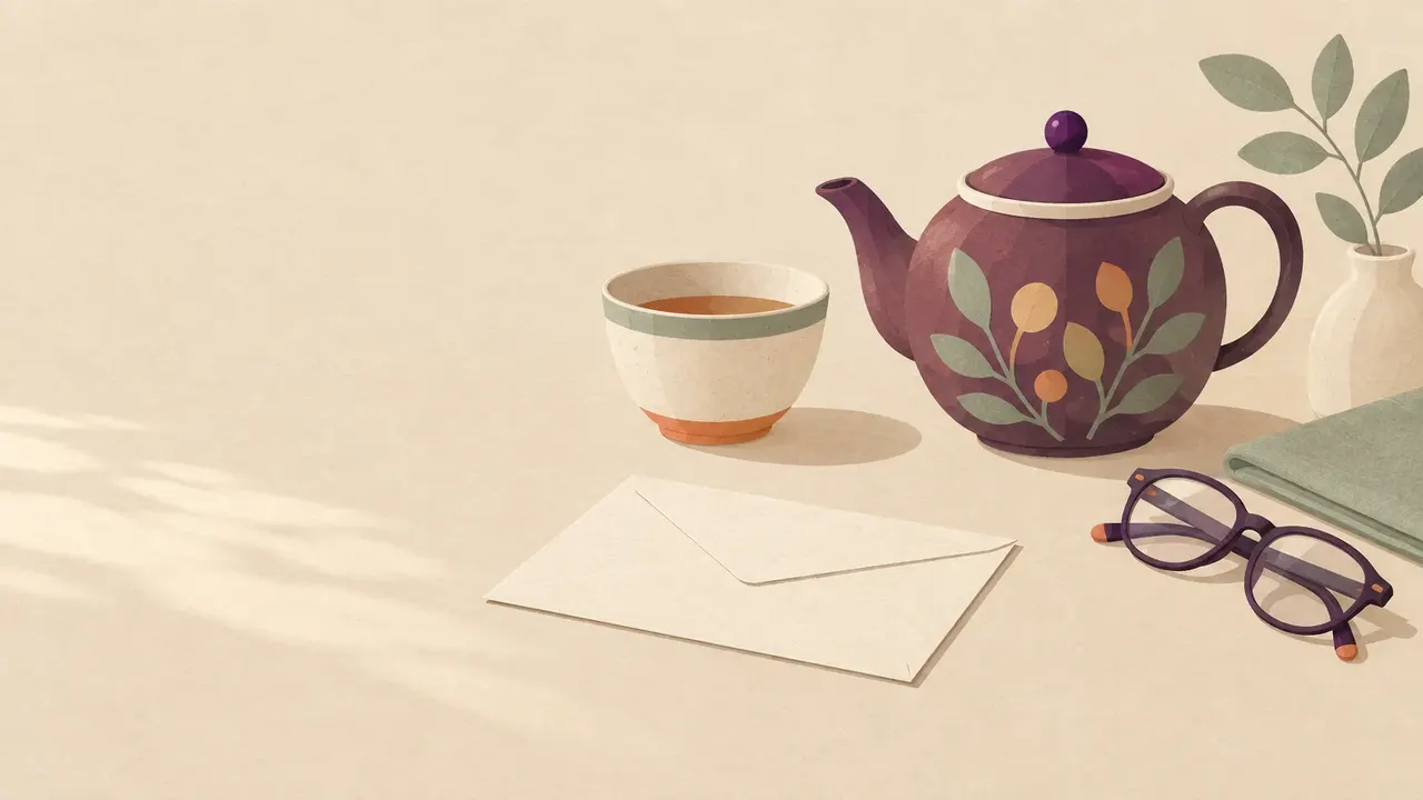 A plain envelope lying face down on a kitchen table beside a teapot, a cooling cup and a folded pair of reading glasses.