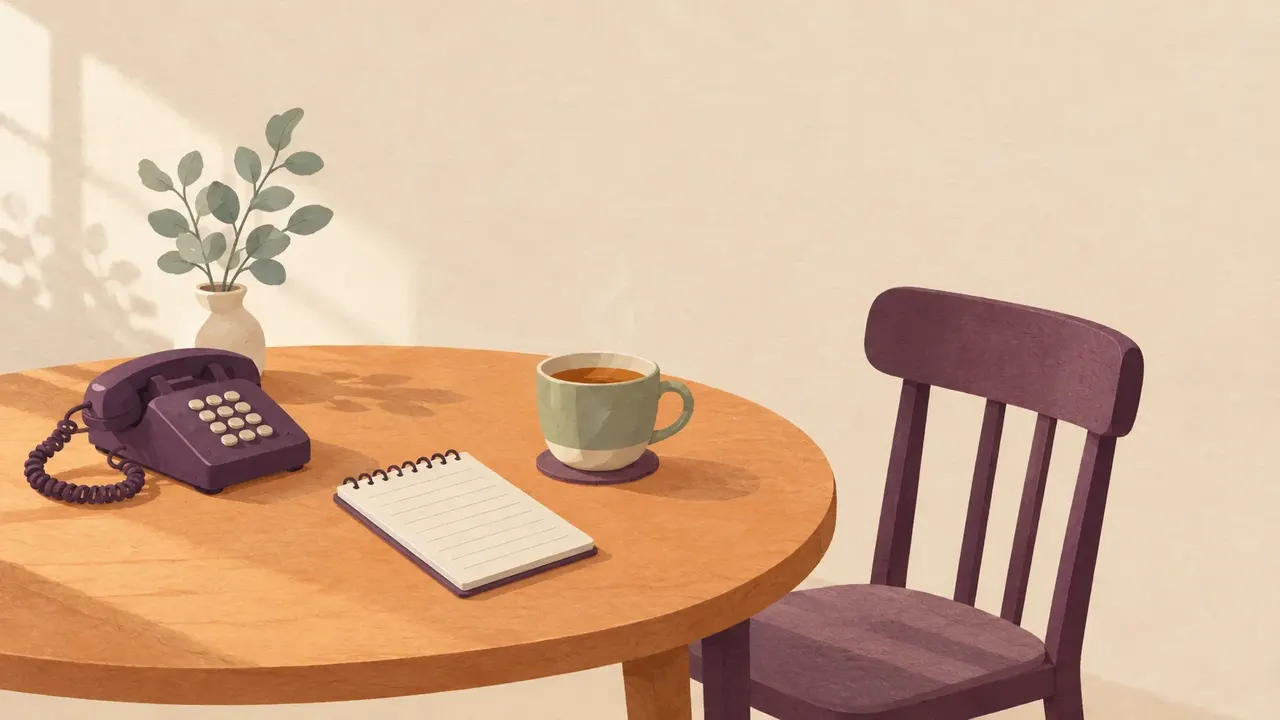 A kitchen table with one empty chair, an old landline telephone, a notepad with blank lines and a cooling cup of tea.