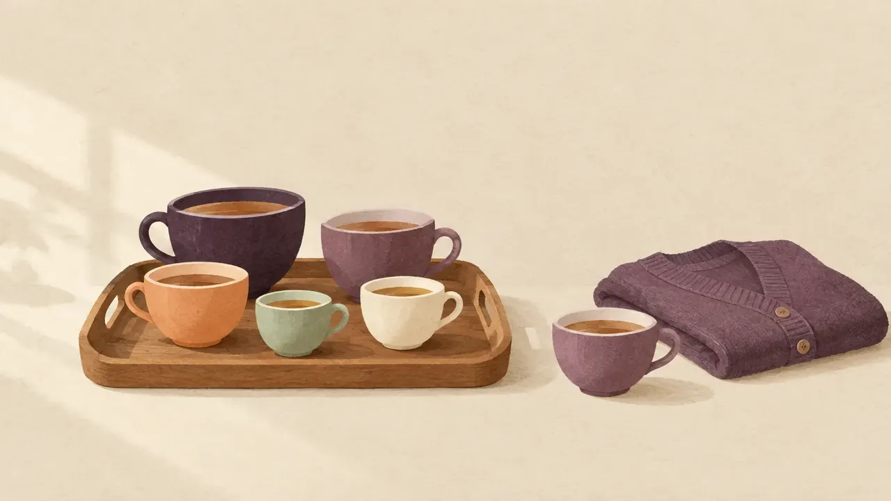 Five teacups of different sizes on a wooden tray, with one cup set a little apart beside a folded cardigan.