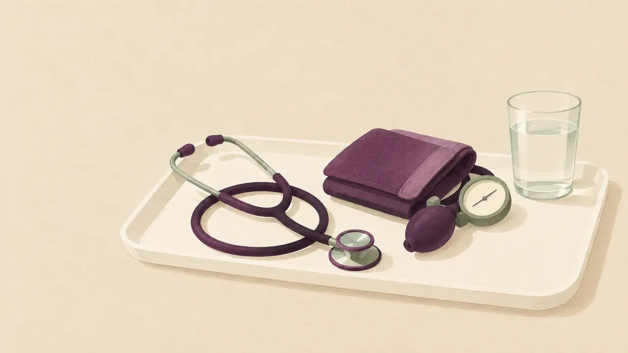 A stethoscope, a folded blood-pressure cuff and a glass of water on a plain white tray.