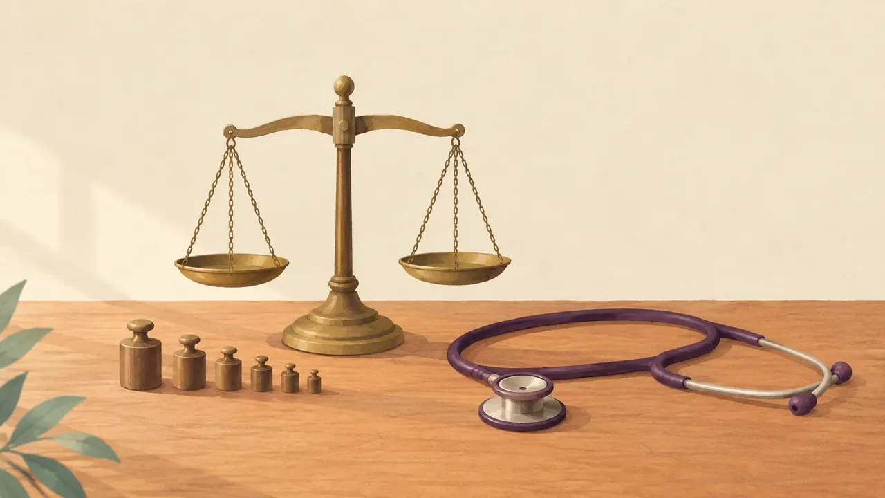 An old brass balance scale with a row of small unmarked weights beside a stethoscope on a wooden desk.