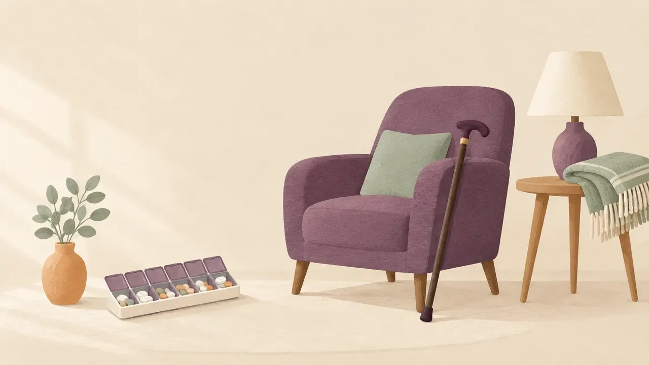 A weekly pill organiser, a walking stick leaning on an armchair and a folded blanket beside a reading lamp.
