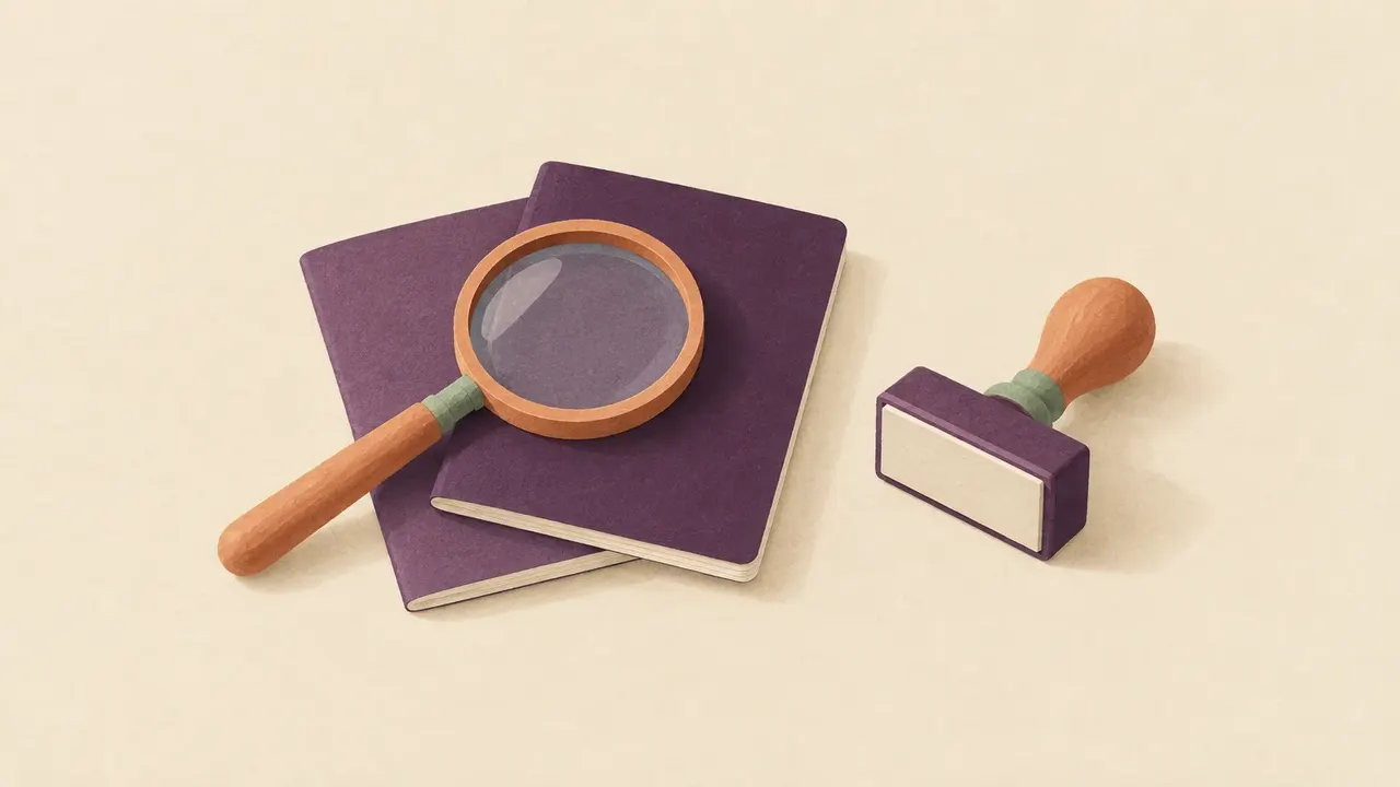 A magnifying glass resting on two plain, unmarked passport-sized booklets beside a rubber stamp with a blank face.