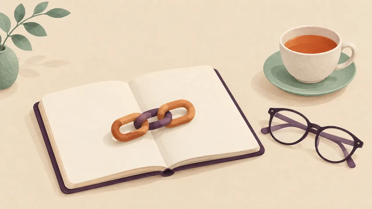 A short wooden three-link chain lying across a blank open notebook, beside reading glasses and a cup of tea on a kitchen table.