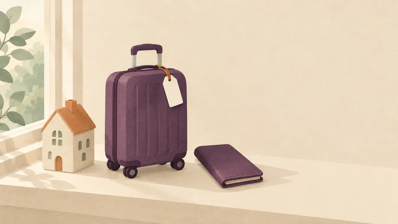 A small packed carry-on suitcase with a blank luggage tag beside a closed plain travel wallet and a ceramic model house on a windowsill.