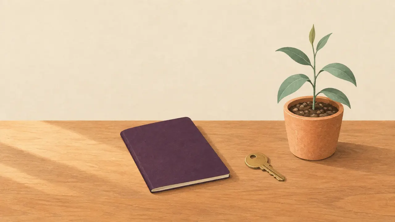 A plain dark booklet with no markings, a brass house key and a small potted gum seedling on a wooden desk.