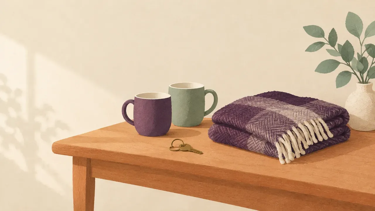 A spare house key on a ring, a folded wool blanket and two empty mugs on a hallway table.
