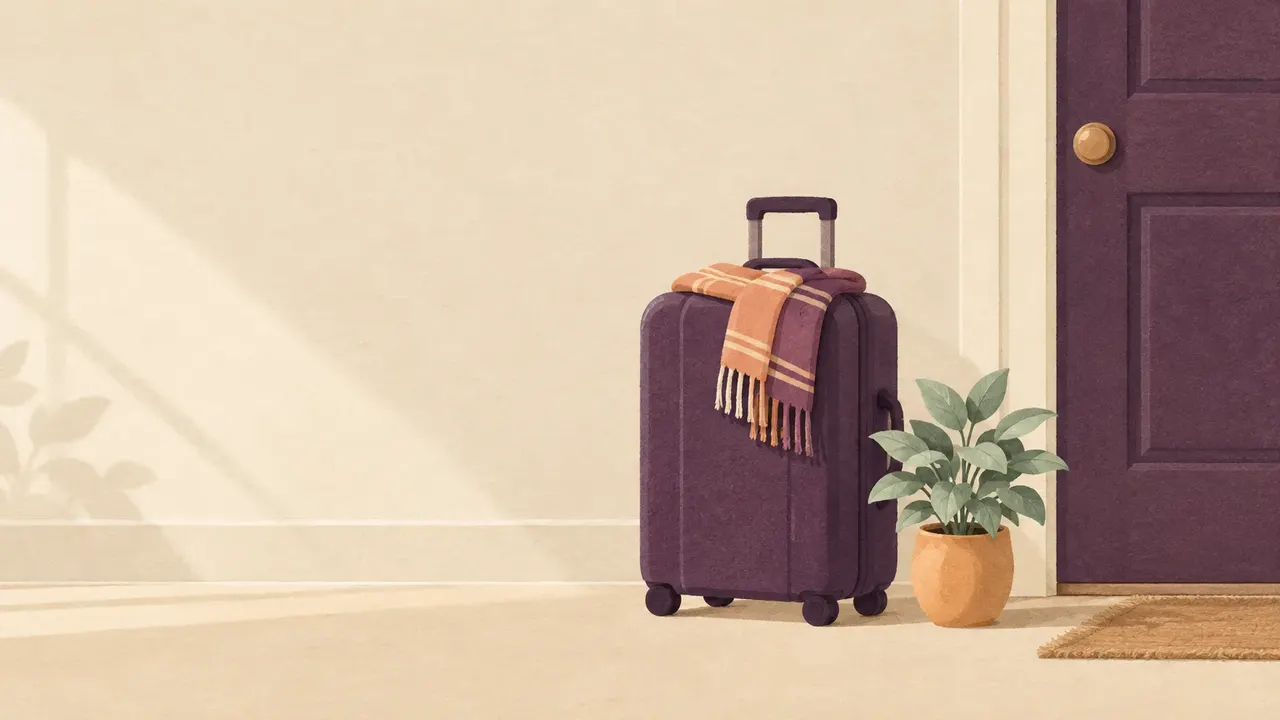 A closed suitcase standing by a front door, with a folded scarf on top and a small potted plant beside it.