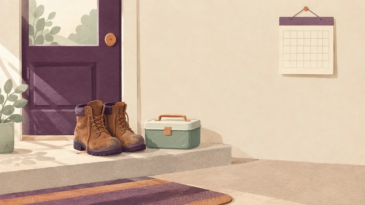 A pair of worn work boots by a front door, a closed lunch box on the step and a wall calendar with blank squares.