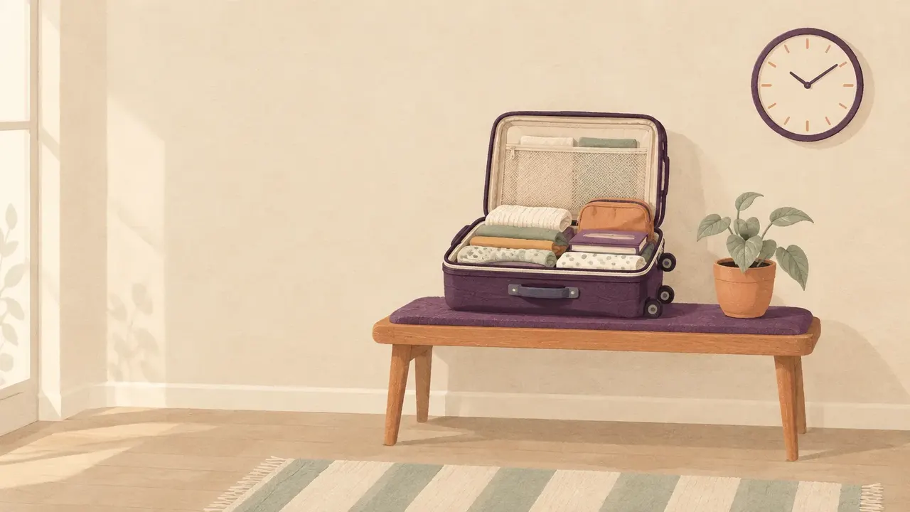 A packed carry-on suitcase on a hallway bench beside a small potted plant and a round wall clock.