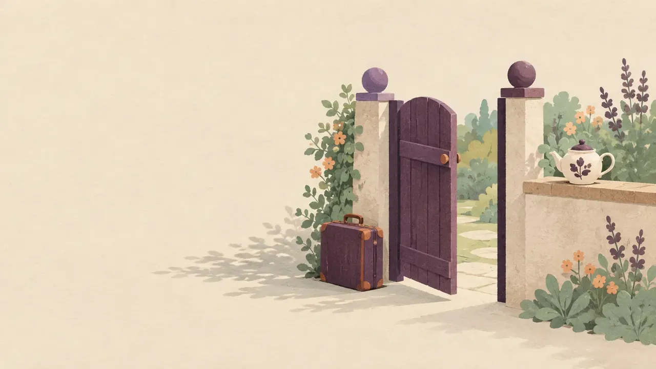 A half-open garden gate with a small closed suitcase resting against the post and a teapot on the low wall beside it.