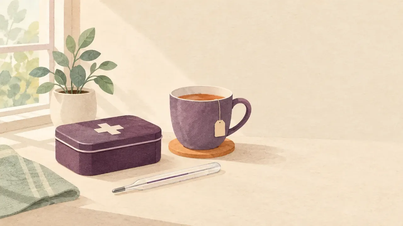 A first-aid tin, a glass thermometer and a cup of tea on a kitchen bench by a window.