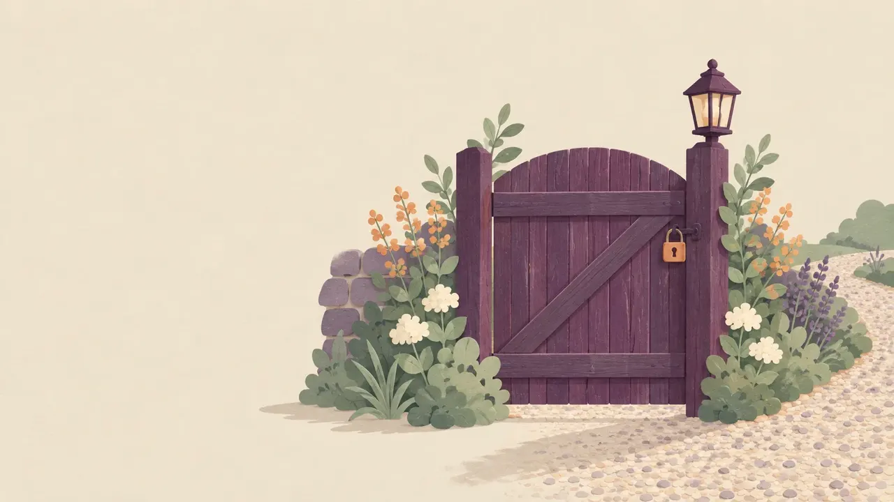 A closed wooden garden gate with a padlock, a lantern on the gatepost and a gravel path running past it.