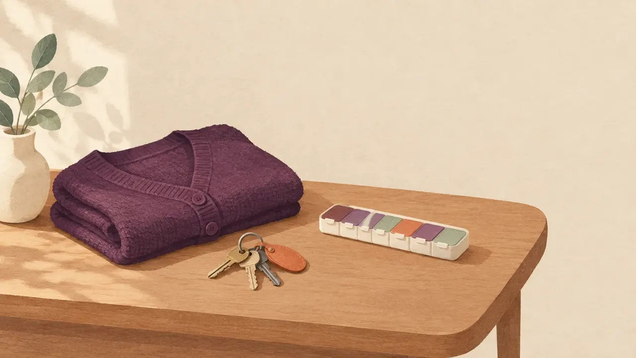 A set of house keys on a hallway table beside a folded cardigan and a weekly pill organiser.
