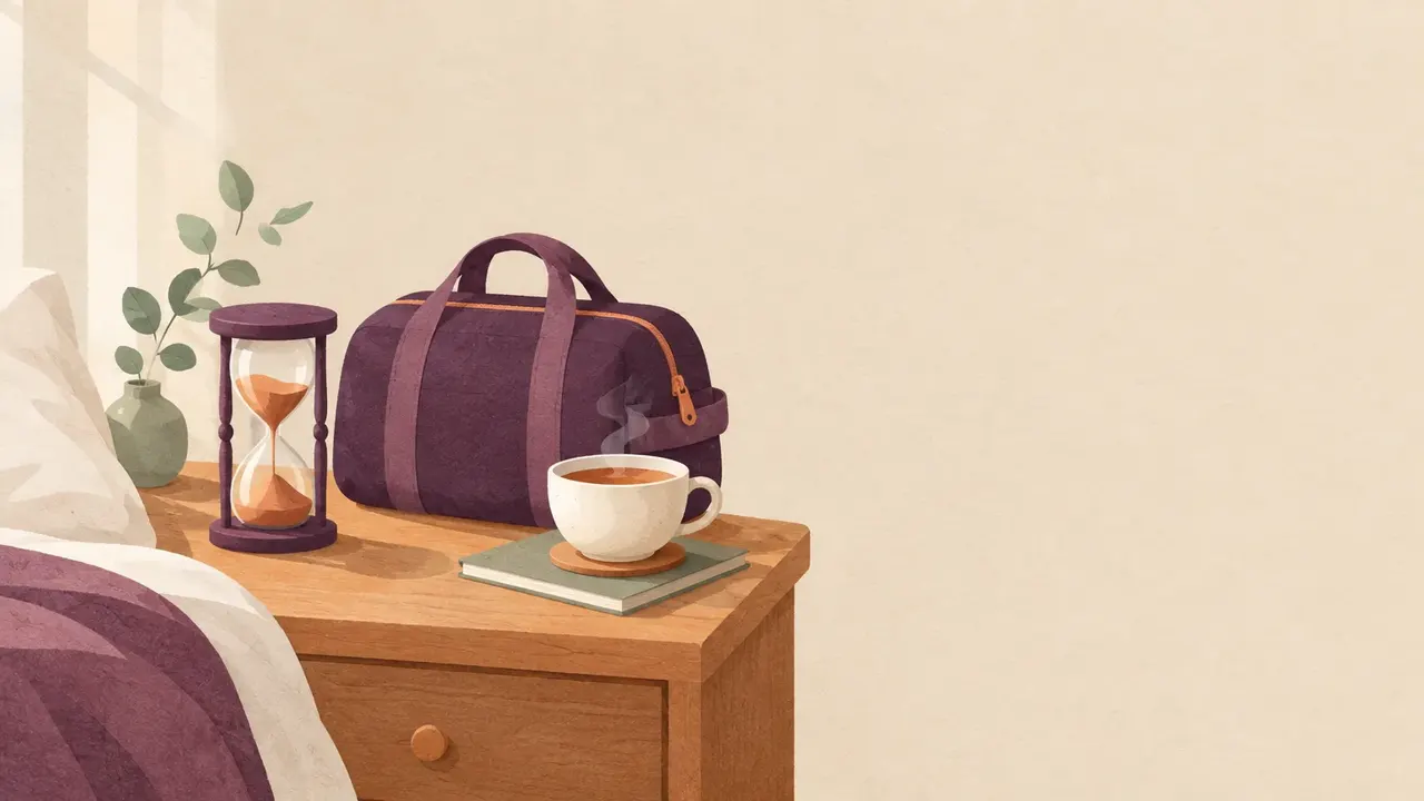 An hourglass on a bedside table beside a small packed overnight bag and a cup of tea.