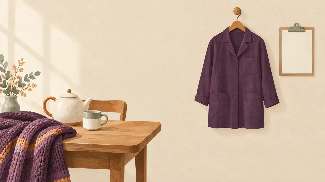 A kitchen table with a teapot and a knitted blanket on one side, and a plain unbadged work tunic on a hanger with an empty clipboard on the other.