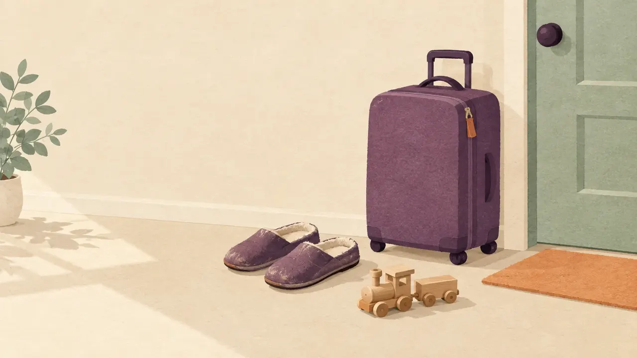 A pair of worn house slippers by a door, a packed suitcase, and a small unpainted wooden toy train on the floor.
